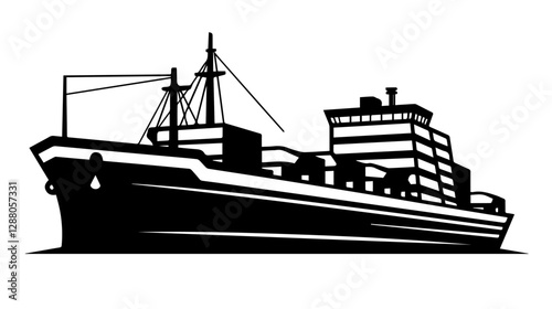 Black and white illustration of a cargo ship.