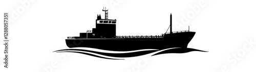 Black and white illustration of a cargo ship.