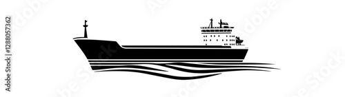 Black and white illustration of a cargo ship.