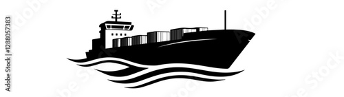Black and white illustration of a cargo ship.