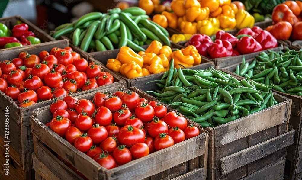 Fresh vegetables at market including tomatoes, peppers, and green beans Fresh vegetables at market including tomatoes, peppers, and green beans