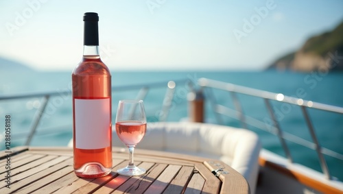 Fototapeta Naklejka Na Ścianę i Meble -  Bottle of rosé wine and glass on yacht with scenic ocean view, luxury summer vacation

