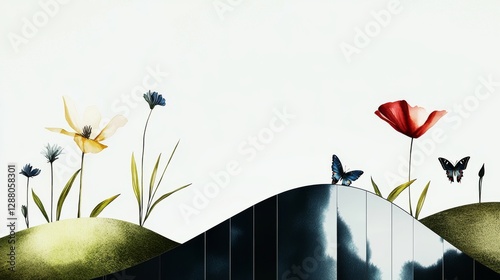 The essence of spring is beautifully captured in a whimsical watercolor scene of lush green hills, clear blue sky, and an array of blooming flowers