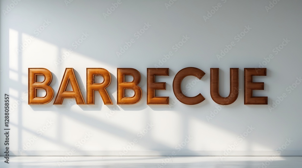 Wooden lettering for barbecue displayed against a bright wall with sunlight Wooden lettering for barbecue displayed against a bright wall with sunlight