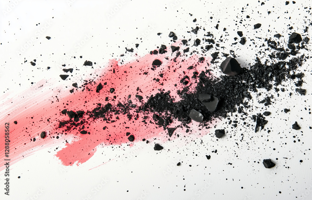 Dynamic contrast of pink brushstroke with black shattered rock on canvas Dynamic contrast of pink brushstroke with black shattered rock on canvas