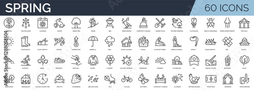 Set of 60 outline icons related to spring season. Linear icon collection. Editable stroke. Vector illustration