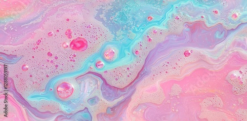 A 3D render of an enchanting, iridescent holographic setting. The design comprises fluid, colorful waves with a hologram element, highlighting holography, and incorporating a shiny, wavy fabric