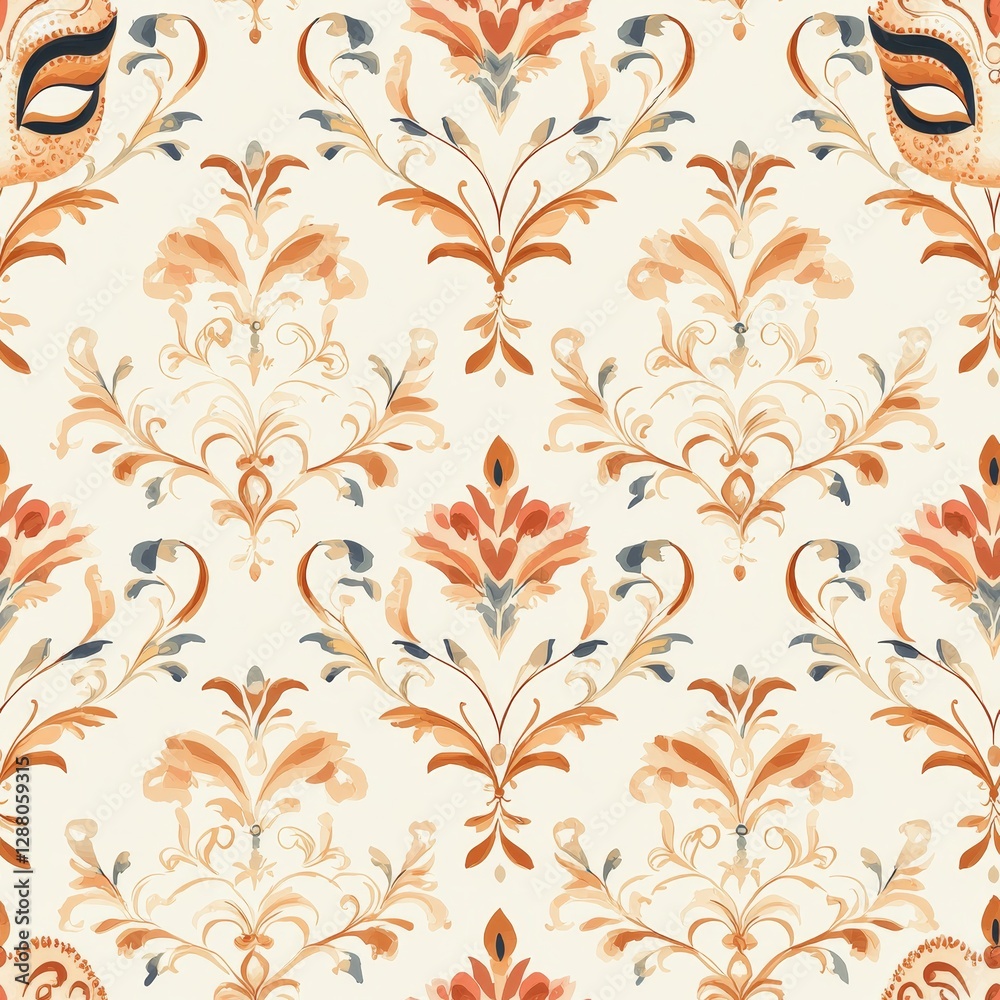 A delicate floral pattern features swirling vines and ornate designs in warm hues of orange and blue against a light background. A delicate floral pattern features swirling vines and ornate designs in warm hues of orange and blue against a light background.