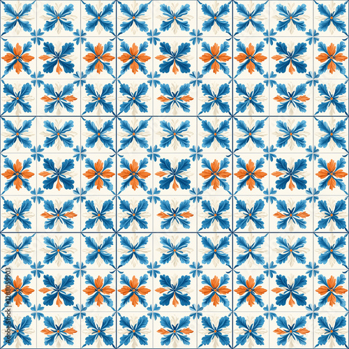 Vintage blue and orange tile pattern with hand-painted details