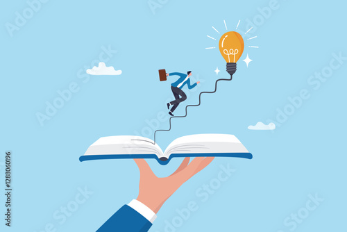 Effective learning new knowledge lead to success, wisdom or idea creativity, literature or inspiration, opportunity advice concept, young man running on opening book with stair up to lightbulb idea.