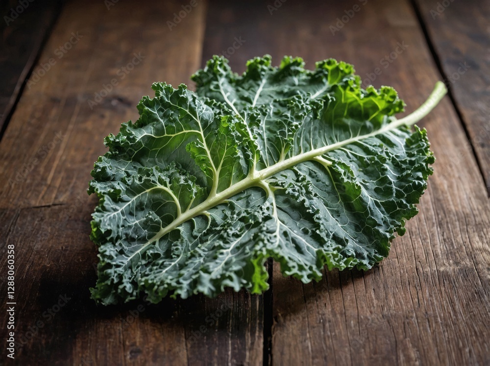 A fresh, vibrant green kale leaf placed on a rustic wooden floor. A fresh, vibrant green kale leaf placed on a rustic wooden floor.