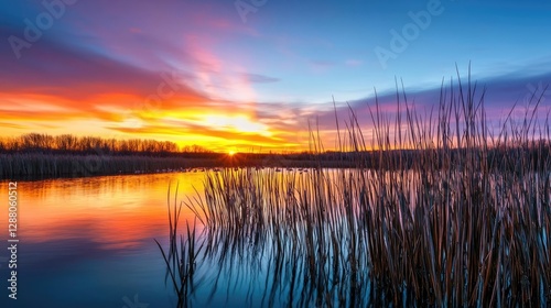 Earth day environmental concept. Vibrant sunset reflecting on calm water surrounded by tall grasses.