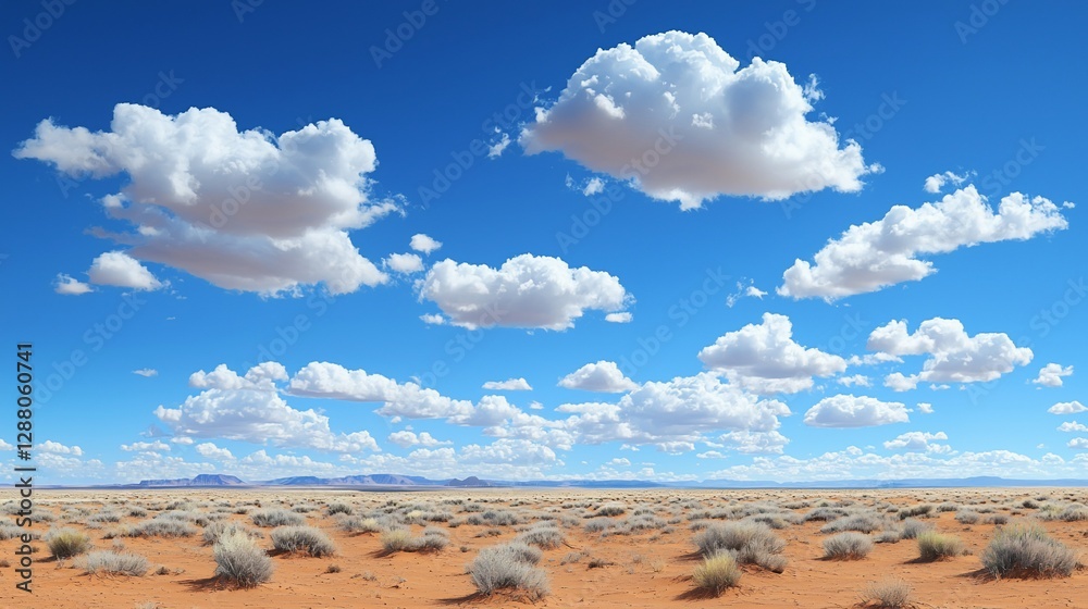 Fototapeta premium Desert landscape, blue sky, puffy clouds, arid land, travel