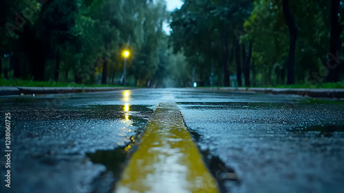 Wet Road in City Park at Night
