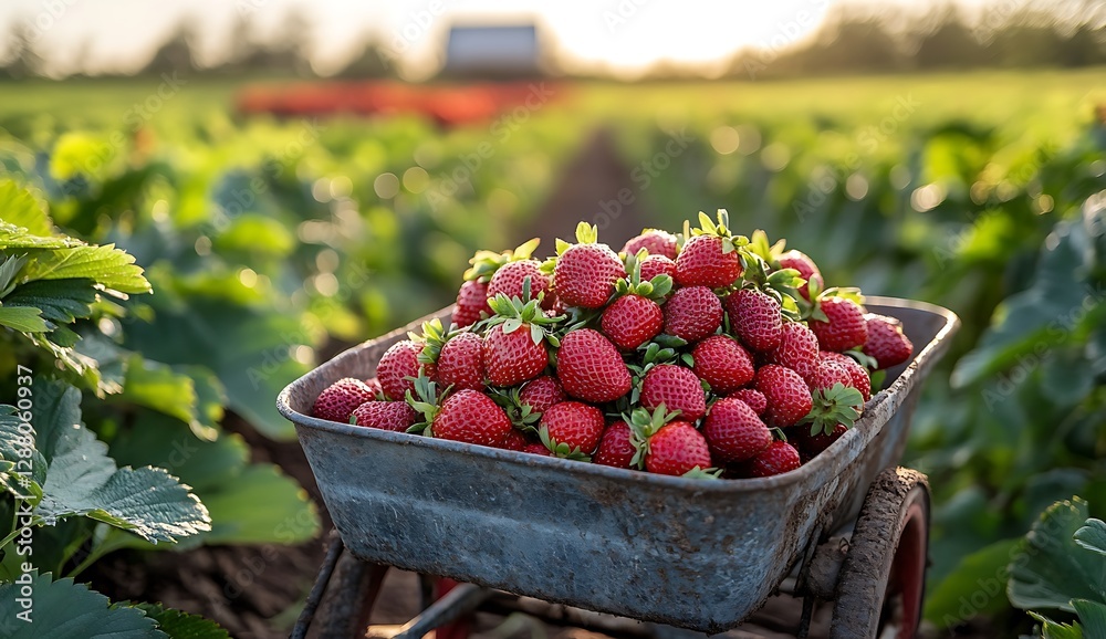 Freshly Picked Strawberries in a Farm Cart at Sunset Freshly Picked Strawberries in a Farm Cart at Sunset