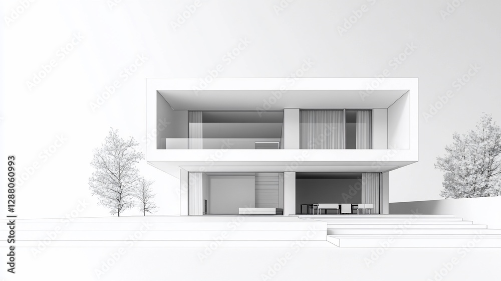 Modern Architecture Sketch of a Two Story House with Trees and White Background Modern Architecture Sketch of a Two Story House with Trees and White Background