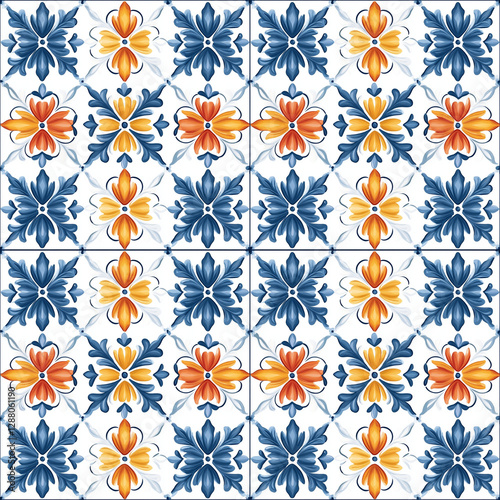 Traditional Portuguese tile pattern with floral blue and orange motifs