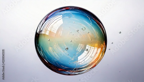 A transparent soap bubble is floating in the air. The background is white