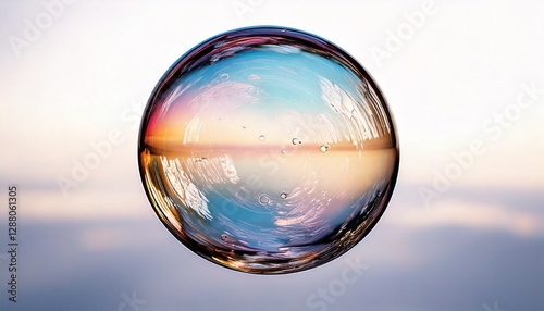 A transparent soap bubble is floating in the air. The background is white