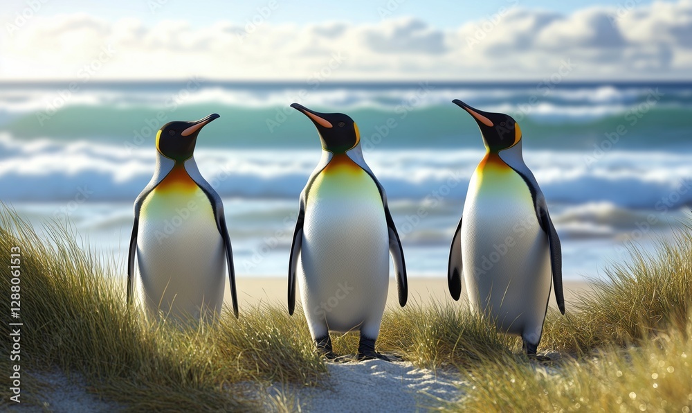 Fototapeta premium Three king penguins standing on beach with ocean waves in background