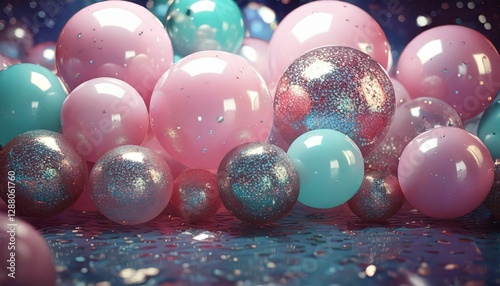 A few floaty, smooth balls, as if glazed. Pastel colors, glossy texture