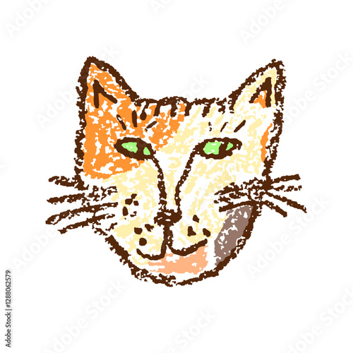 Calico cat. Face or muzzle of smiling happy cat. Crayon like kid`s hand drawn funny kitty. Cute cartoon friendly doodle character. Vector pastel chalk or pencil childlike style