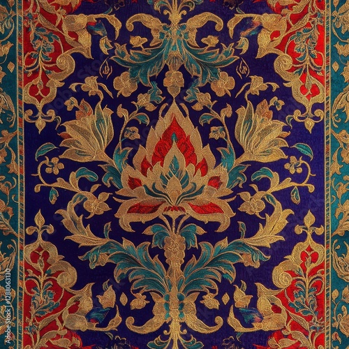 Ornate Gold Teal Red Floral Damask Pattern Texture