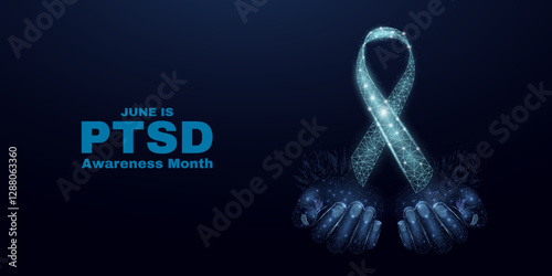 Post-Traumatic Stress Disorder Awareness Month concept. PTSD banner template with glowing low poly. Futuristic modern abstract. Isolated on dark background. Vector illustration.