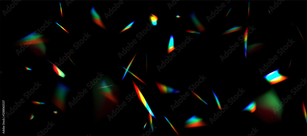 Blurred rainbow refraction overlay effect. Light lens prism effect on black background. Holographic reflection, crystal flare leak shadow overlay. Vector abstract illustration.