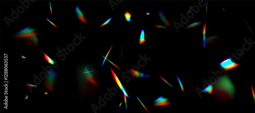 Blurred rainbow refraction overlay effect. Light lens prism effect on black background. Holographic reflection, crystal flare leak shadow overlay. Vector abstract illustration.