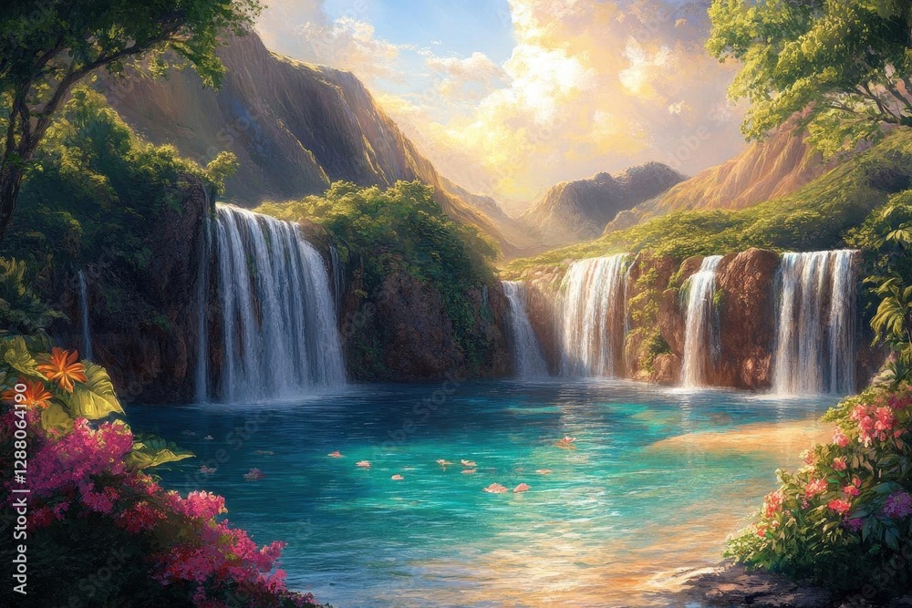 Naklejka premium paradise cove with multiple cascading waterfalls, surrounded by exotic flowers and emerald pools, bathed in golden tropical sunlight