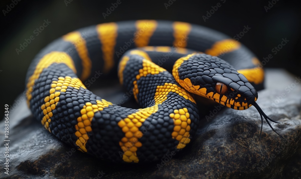 Striking black and yellow snake resting on rock with intricate scale patterns Striking black and yellow snake resting on rock with intricate scale patterns