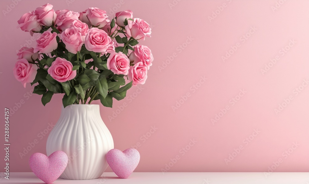 Naklejka premium Pink roses bouquet in white vase with decorative hearts on pink background