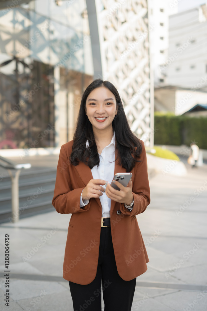 Portrait of a successful business woman standing in front of modern business building. Portrait of a successful business woman standing in front of modern business building.