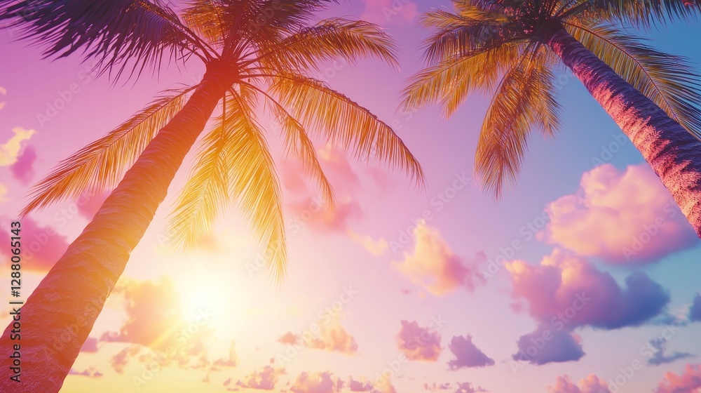 Naklejka premium The image features palm trees set against a vibrant sunset sky, evoking a summer vacation atmosphere with a blend of retrowave, synthwave, and vaporwave elements, all presented in a distinctive retro