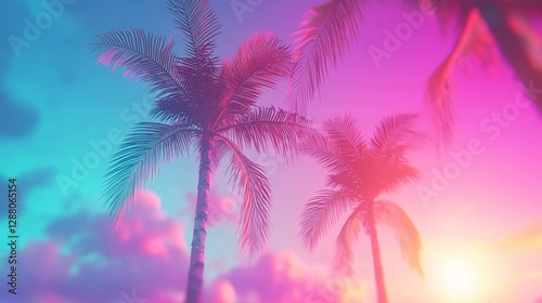 The visual representation of a summer vacation is embodied by palm trees juxtaposed with a vibrant sunset sky, embracing the unique blend of retrowave, synthwave, and vaporwave aesthetics, and