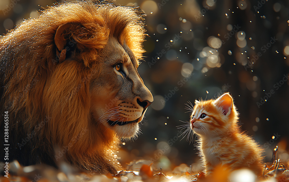 Fototapeta premium Majestic Lion Gazing at Kitten Reflection in Golden Light 