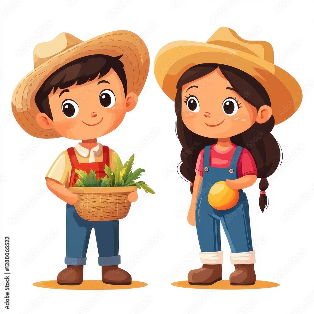 Smiling Children in Straw Hats Harvesting Vegetables Smiling Children in Straw Hats Harvesting Vegetables