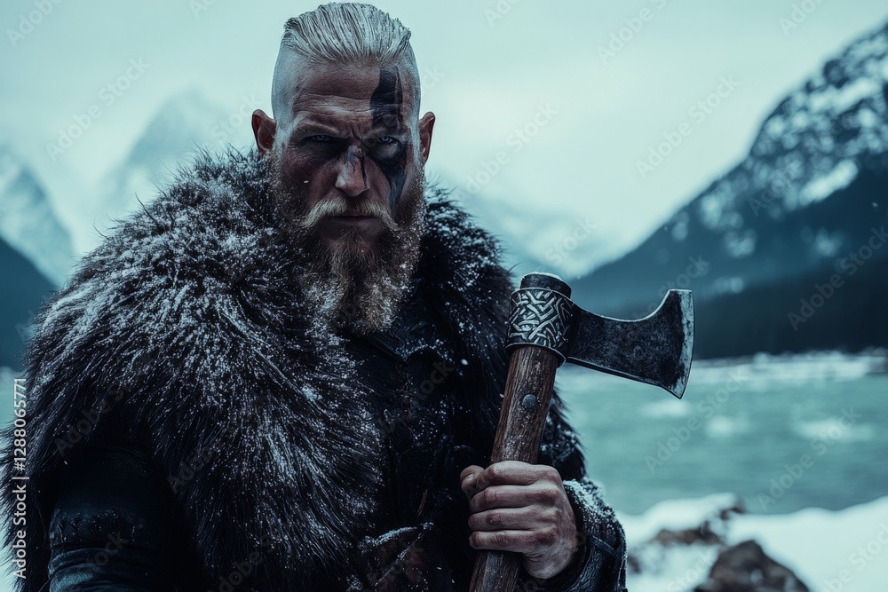 Obraz premium Winter warrior stands strong by the river in a rugged landscape with mountains in the background and harsh weather conditions