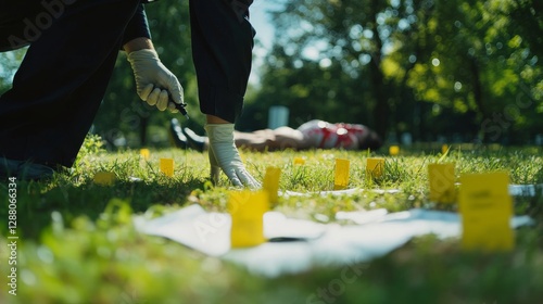 Criminal investigation at a homicide crime scene. Featuring detectives analyzing a murder scene