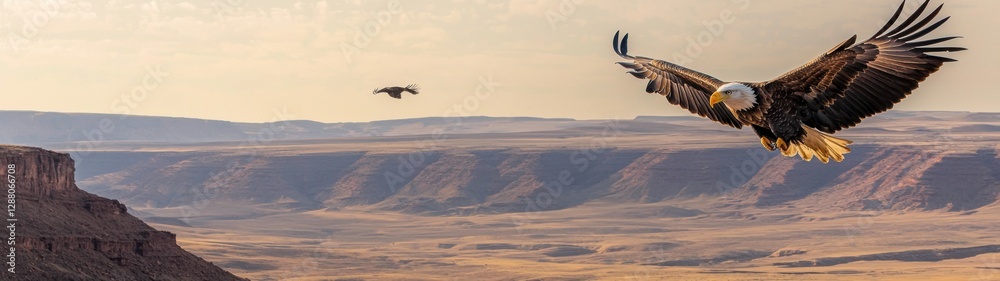 Obraz premium Majestic eagles soar over the vast canyons during sunset in an expansive natural landscape