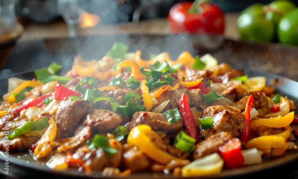 Sizzling fajitas, peppers, onions, cooking, kitchen, meal