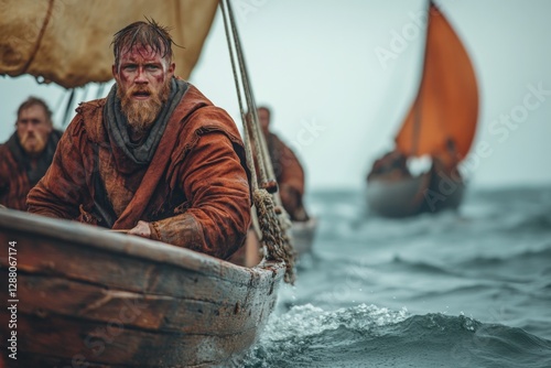 Brave warriors navigating stormy waters in traditional wooden boats during a historic expedition