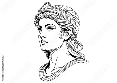 "Black and white illustration of an ancient Greek goddess or warrior queen with a regal expression."