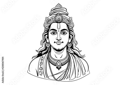 "Black and white illustration of a Hindu deity with traditional jewelry and a serene expression."