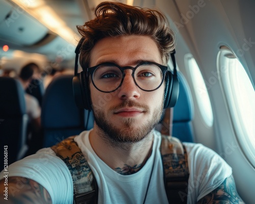 A handsome man with tattoos and headphones takes a selfie on an airplane, looking directly into the camera with intense eyes.