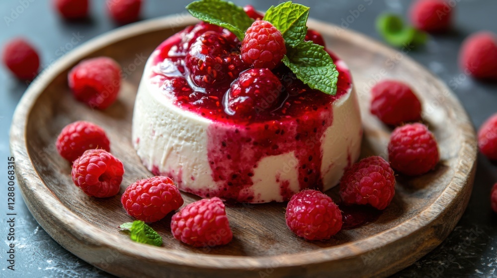 Creamy dessert topped with fresh raspberries and mint on a wooden plate Creamy dessert topped with fresh raspberries and mint on a wooden plate