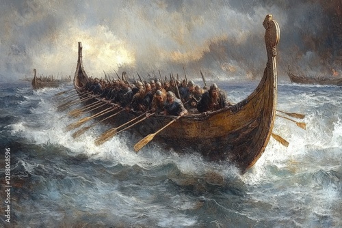Historic Viking longship navigating turbulent waters with crew preparing for battle