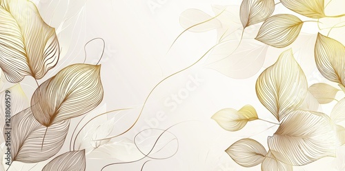 Modern golden flower background, luxury abstract line leaves composition. Art deco floral ornament, elegant summer print, foliage drawing, vintage illustration