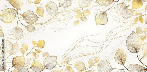 Modern golden flower background and luxury abstract line leaves create an art deco floral ornament. This elegant summer print includes a foliage drawing in a vintage illustration